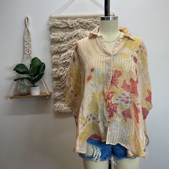 Free People Oversized Bohemian Tropical Lightweight Button Down Shirt Blouse - Picture 2 of 11